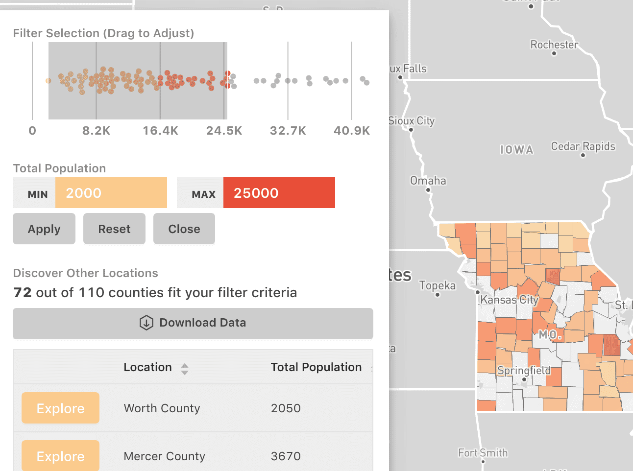 A map of the US with colored regions is behind a data dashboard